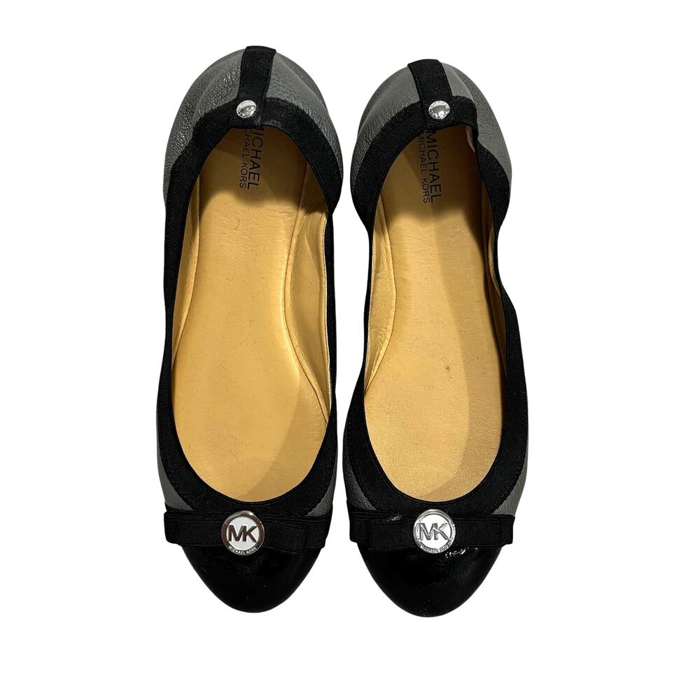 Michael Kors ballet flats gray leather & black trim bows silver logo US 9M